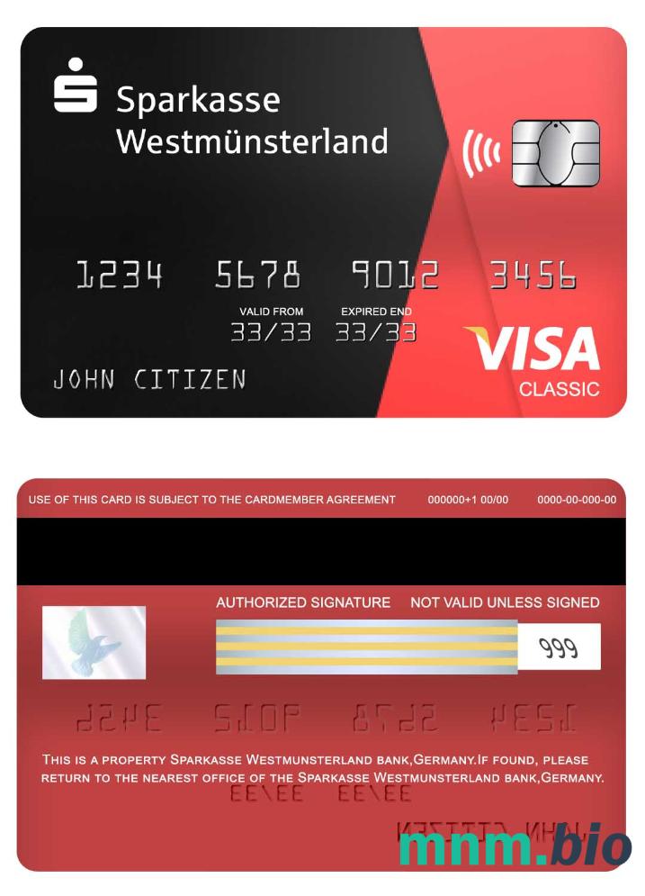 Germany Sparkasse Westmunsterland bank visa klasyczny karta przykład w formacie PSD